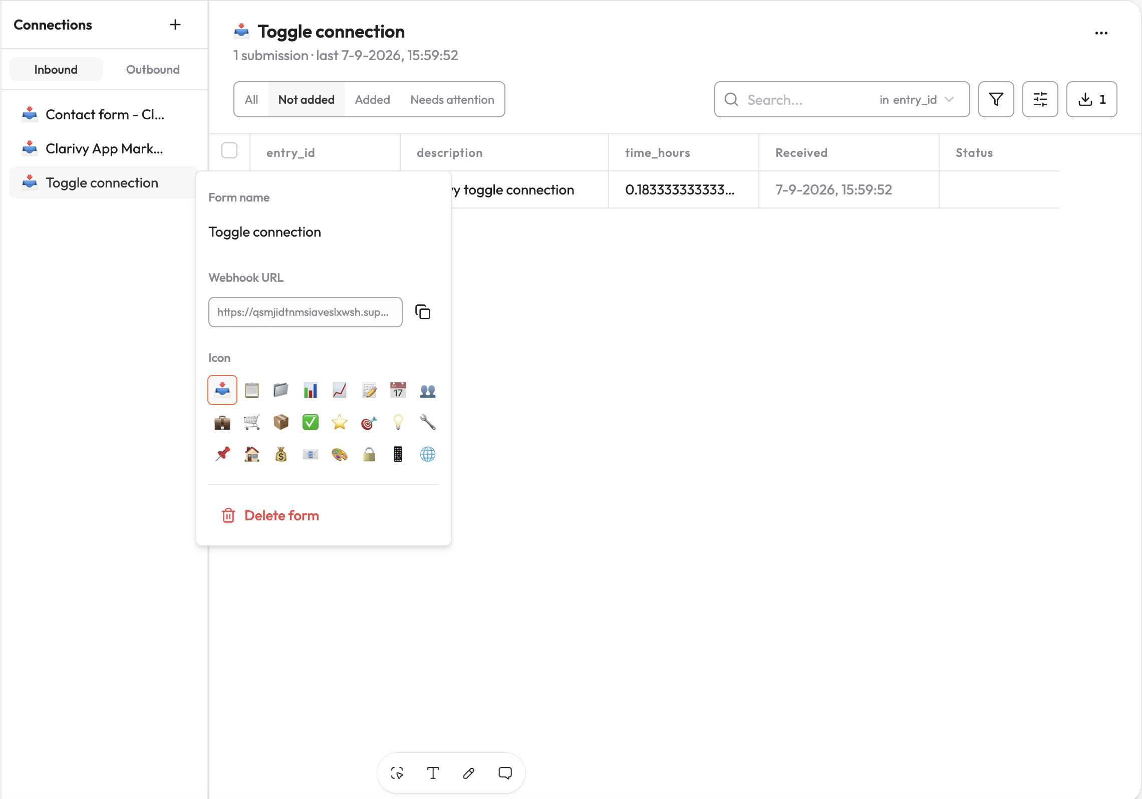 A Clarivy connection with its webhook URL ready to copy