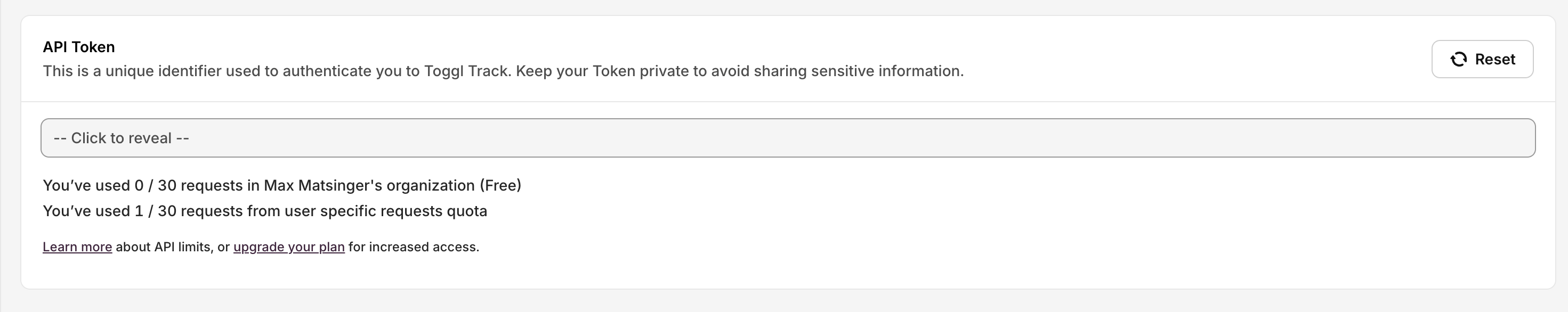 Toggl Track's API Token field under profile settings, with a click-to-reveal button