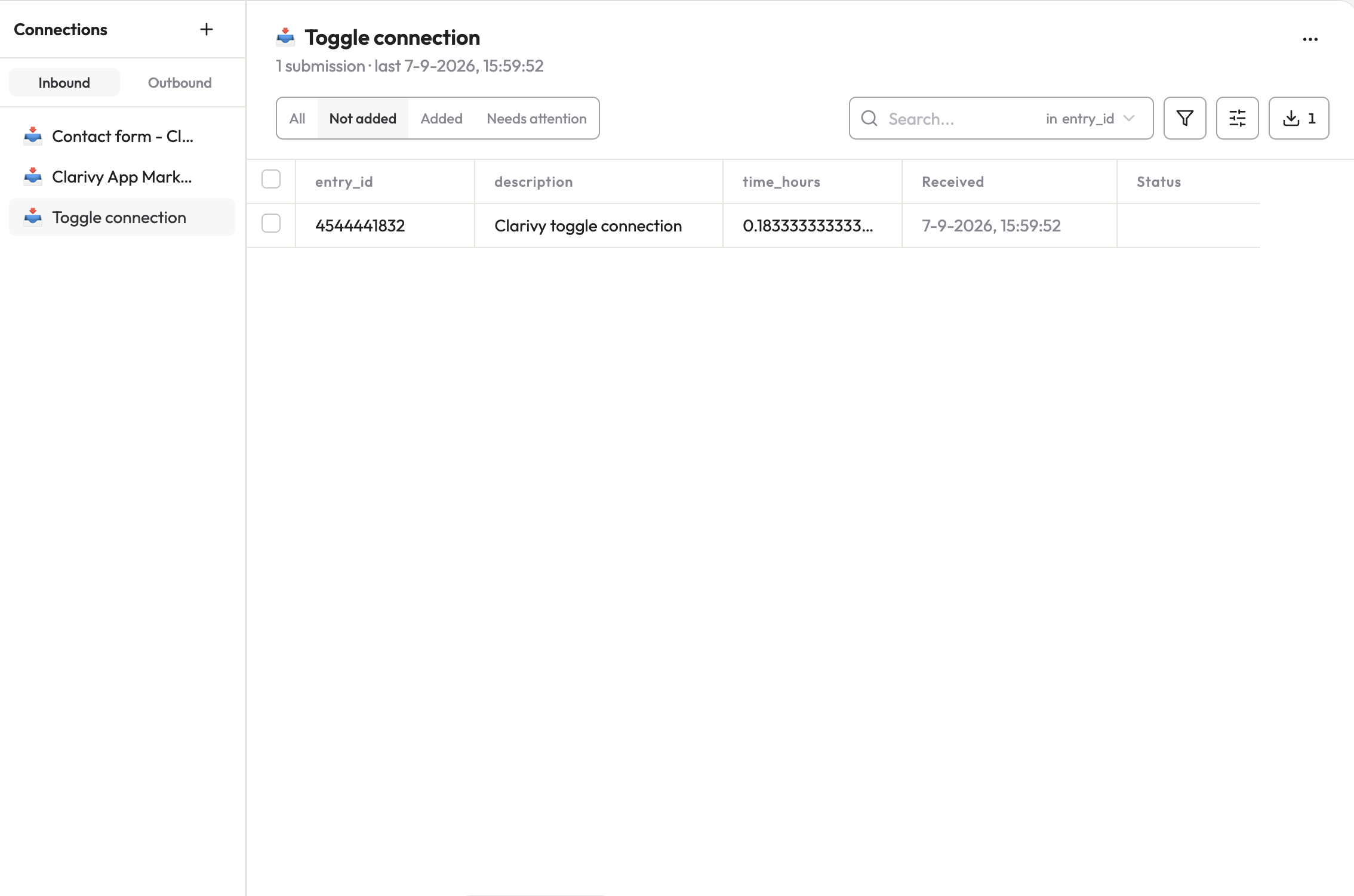 A test time entry inside a Clarivy connection, with entry_id, description, and the time field detected automatically