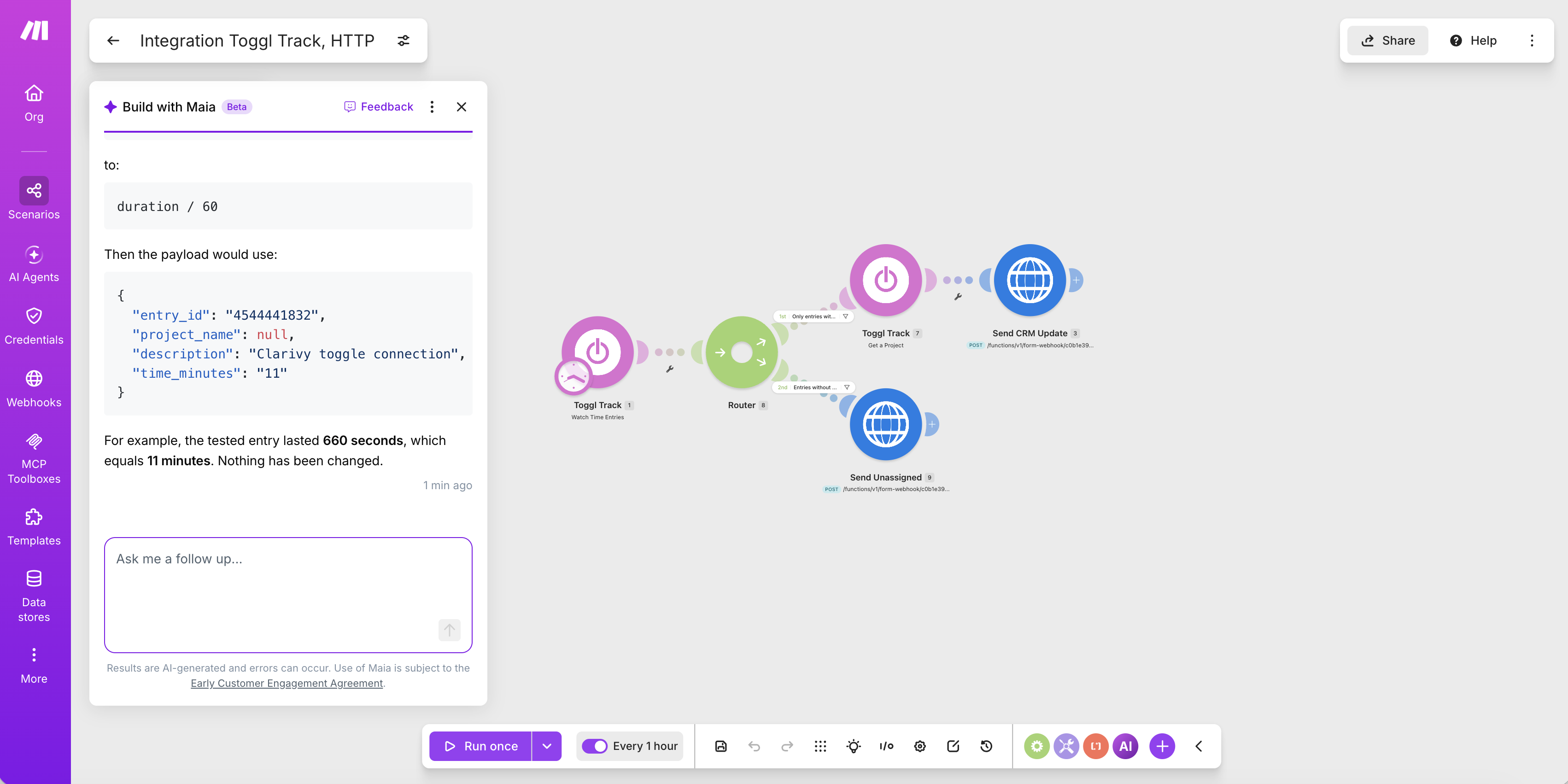 A Make scenario: Toggl Track's Watch Time Entries trigger, a Router splitting entries with and without a project, each path posting to a Clarivy webhook over HTTP